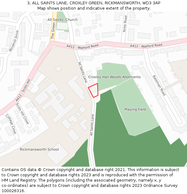 3, ALL SAINTS LANE, CROXLEY GREEN, RICKMANSWORTH, WD3 3AP: Location map and indicative extent of plot