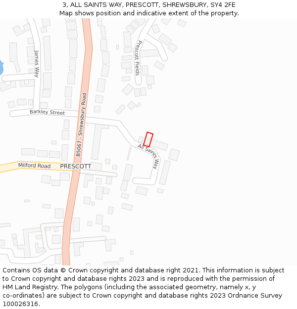 3, ALL SAINTS WAY, PRESCOTT, SHREWSBURY, SY4 2FE: Location map and indicative extent of plot