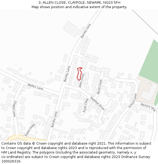 3, ALLEN CLOSE, CLAYPOLE, NEWARK, NG23 5FH: Location map and indicative extent of plot