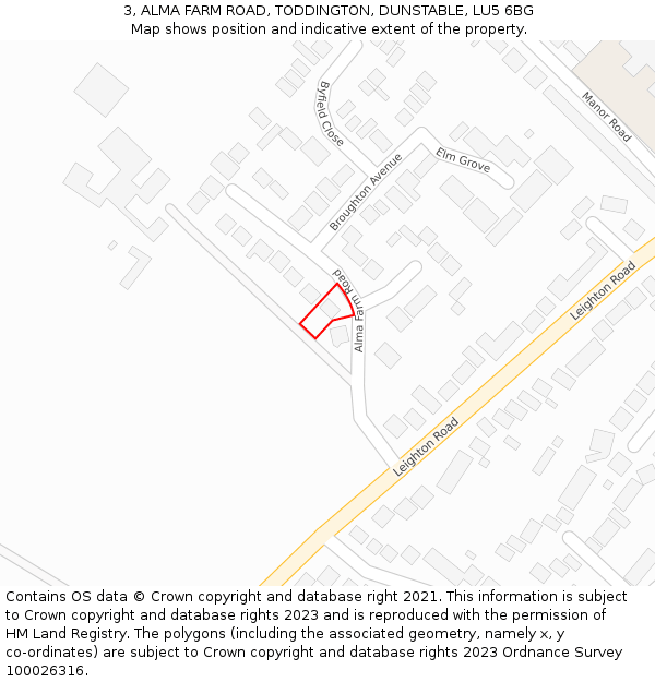 3, ALMA FARM ROAD, TODDINGTON, DUNSTABLE, LU5 6BG: Location map and indicative extent of plot
