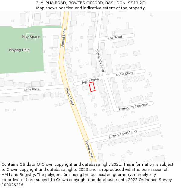 3, ALPHA ROAD, BOWERS GIFFORD, BASILDON, SS13 2JD: Location map and indicative extent of plot