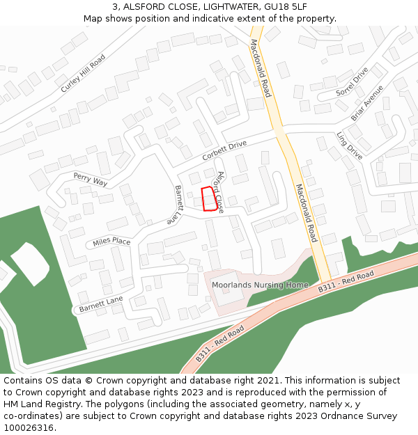 3, ALSFORD CLOSE, LIGHTWATER, GU18 5LF: Location map and indicative extent of plot