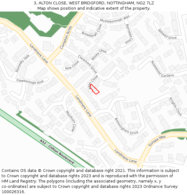 3, ALTON CLOSE, WEST BRIDGFORD, NOTTINGHAM, NG2 7LZ: Location map and indicative extent of plot