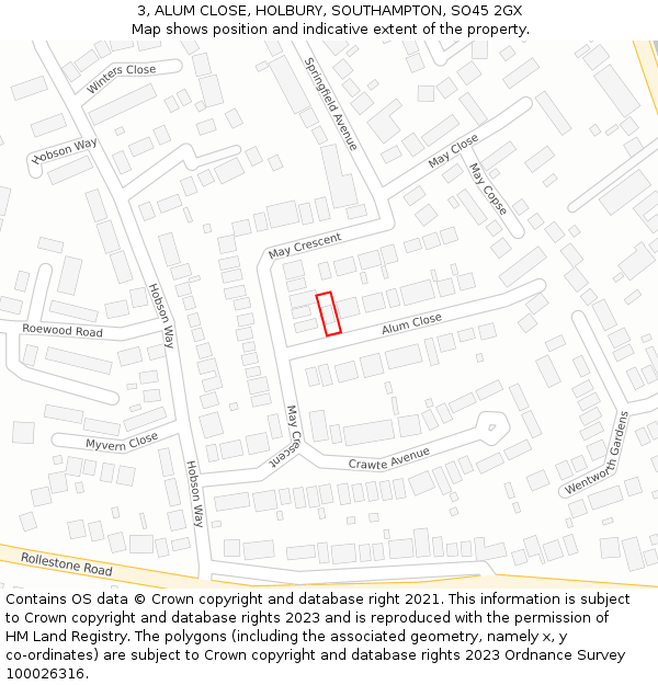 3, ALUM CLOSE, HOLBURY, SOUTHAMPTON, SO45 2GX: Location map and indicative extent of plot