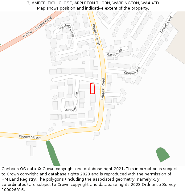 3, AMBERLEIGH CLOSE, APPLETON THORN, WARRINGTON, WA4 4TD: Location map and indicative extent of plot