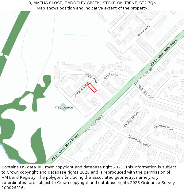 3, AMELIA CLOSE, BADDELEY GREEN, STOKE-ON-TRENT, ST2 7QN: Location map and indicative extent of plot