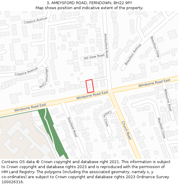 3, AMEYSFORD ROAD, FERNDOWN, BH22 9PY: Location map and indicative extent of plot