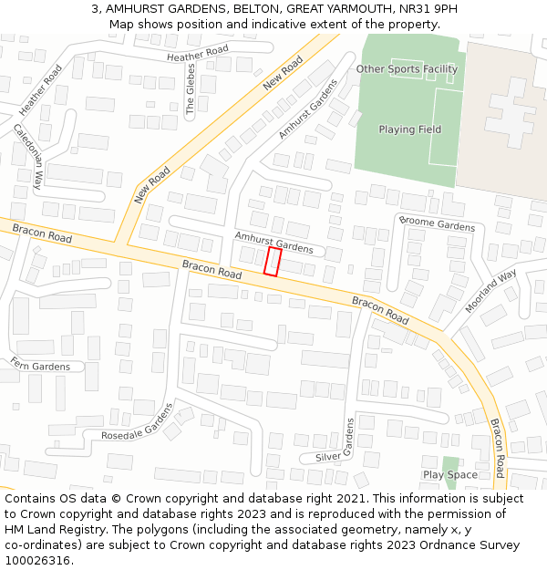 3, AMHURST GARDENS, BELTON, GREAT YARMOUTH, NR31 9PH: Location map and indicative extent of plot