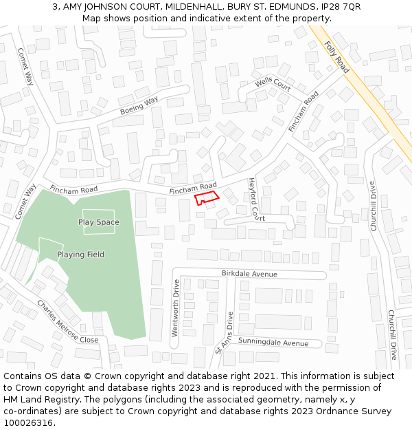 3, AMY JOHNSON COURT, MILDENHALL, BURY ST. EDMUNDS, IP28 7QR: Location map and indicative extent of plot