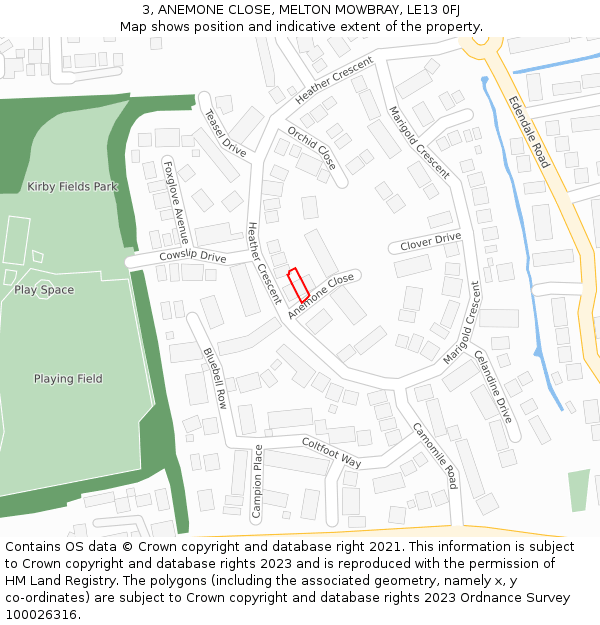 3, ANEMONE CLOSE, MELTON MOWBRAY, LE13 0FJ: Location map and indicative extent of plot