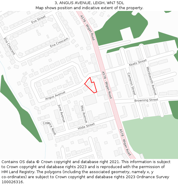 3, ANGUS AVENUE, LEIGH, WN7 5DL: Location map and indicative extent of plot