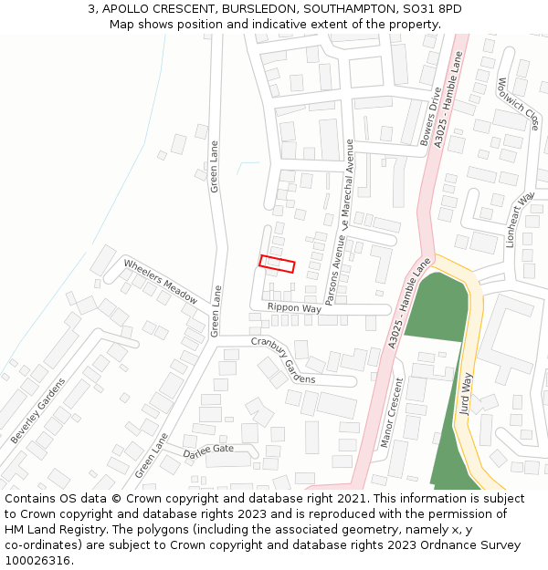 3, APOLLO CRESCENT, BURSLEDON, SOUTHAMPTON, SO31 8PD: Location map and indicative extent of plot