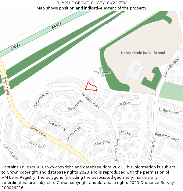 3, APPLE GROVE, RUGBY, CV22 7TW: Location map and indicative extent of plot