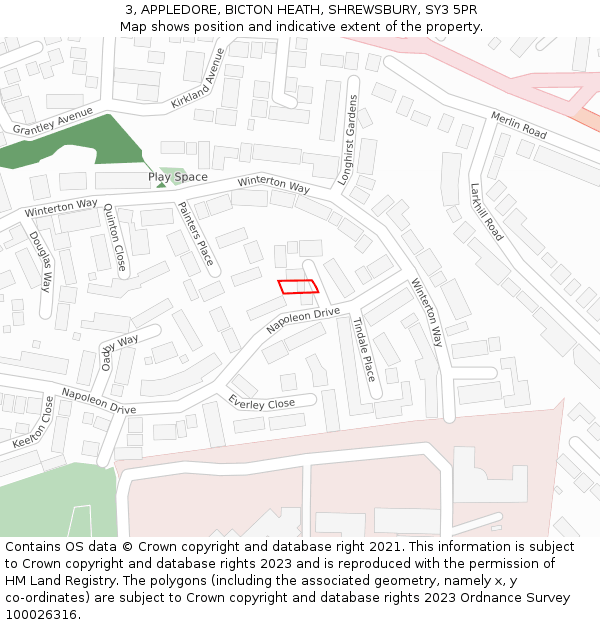 3, APPLEDORE, BICTON HEATH, SHREWSBURY, SY3 5PR: Location map and indicative extent of plot