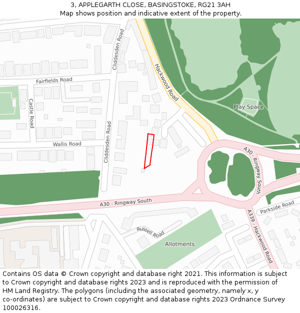 3, APPLEGARTH CLOSE, BASINGSTOKE, RG21 3AH: Location map and indicative extent of plot