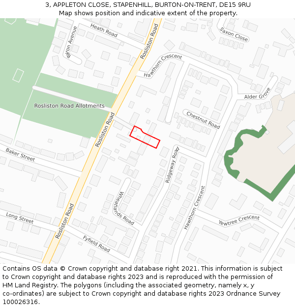 3, APPLETON CLOSE, STAPENHILL, BURTON-ON-TRENT, DE15 9RU: Location map and indicative extent of plot