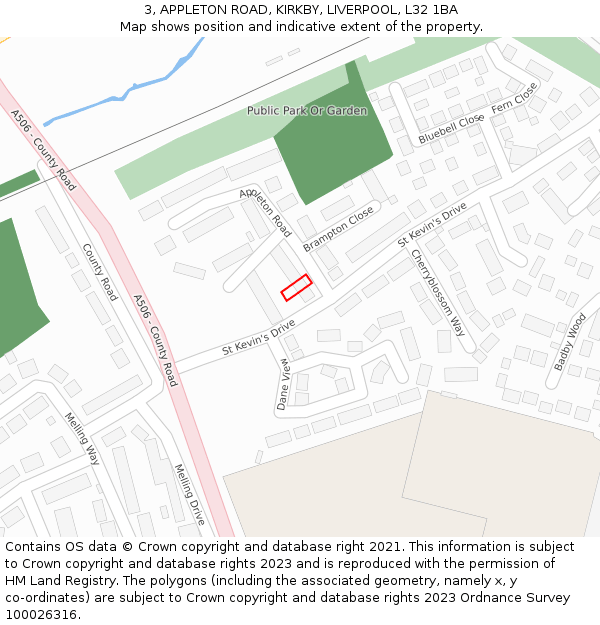 3, APPLETON ROAD, KIRKBY, LIVERPOOL, L32 1BA: Location map and indicative extent of plot
