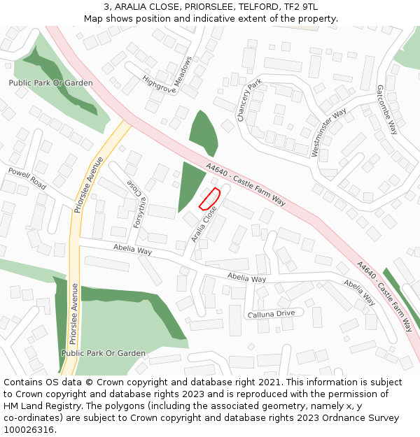 3, ARALIA CLOSE, PRIORSLEE, TELFORD, TF2 9TL: Location map and indicative extent of plot