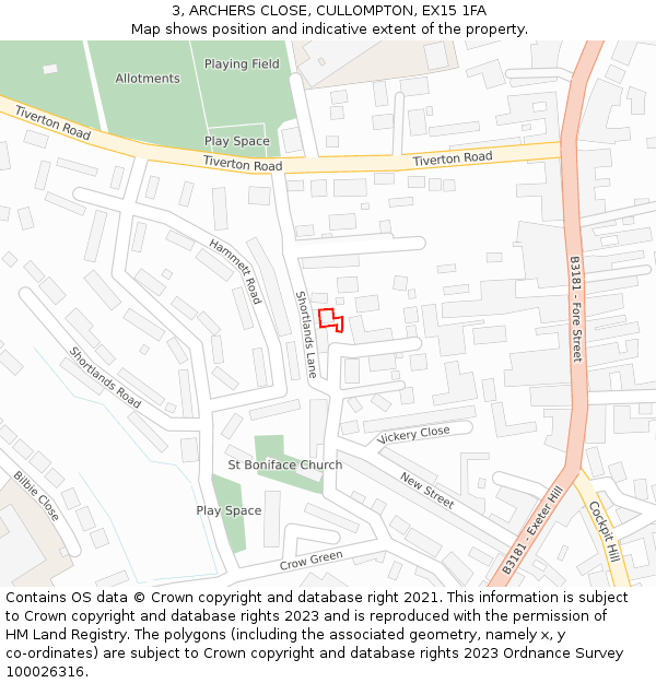 3, ARCHERS CLOSE, CULLOMPTON, EX15 1FA: Location map and indicative extent of plot