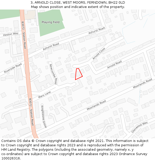 3, ARNOLD CLOSE, WEST MOORS, FERNDOWN, BH22 0LD: Location map and indicative extent of plot