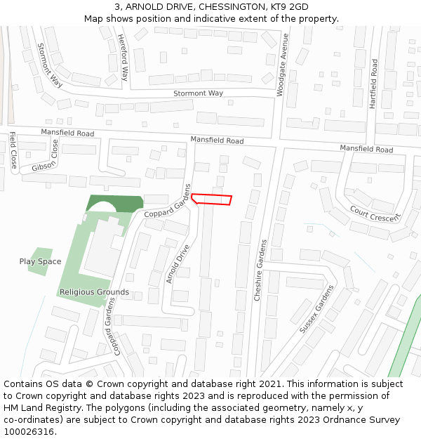 3, ARNOLD DRIVE, CHESSINGTON, KT9 2GD: Location map and indicative extent of plot