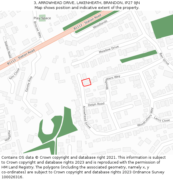 3, ARROWHEAD DRIVE, LAKENHEATH, BRANDON, IP27 9JN: Location map and indicative extent of plot