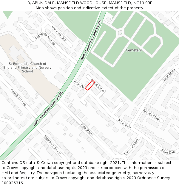 3, ARUN DALE, MANSFIELD WOODHOUSE, MANSFIELD, NG19 9RE: Location map and indicative extent of plot