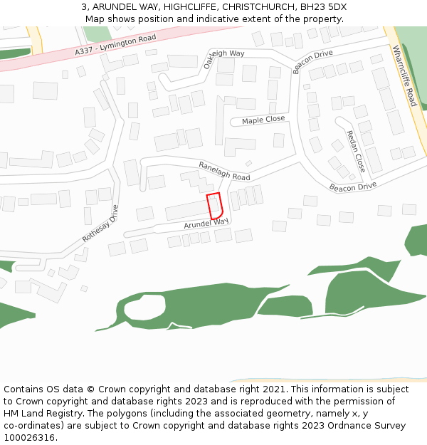 3, ARUNDEL WAY, HIGHCLIFFE, CHRISTCHURCH, BH23 5DX: Location map and indicative extent of plot