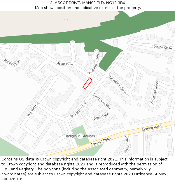 3, ASCOT DRIVE, MANSFIELD, NG18 3BX: Location map and indicative extent of plot