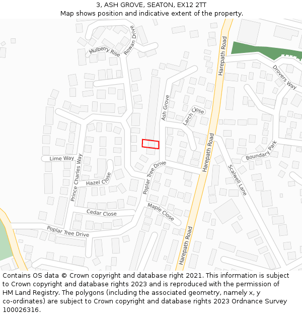 3, ASH GROVE, SEATON, EX12 2TT: Location map and indicative extent of plot