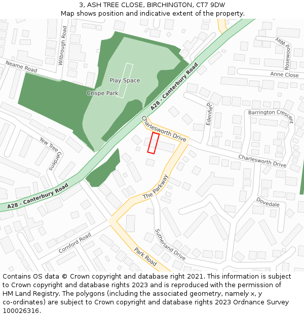 3, ASH TREE CLOSE, BIRCHINGTON, CT7 9DW: Location map and indicative extent of plot