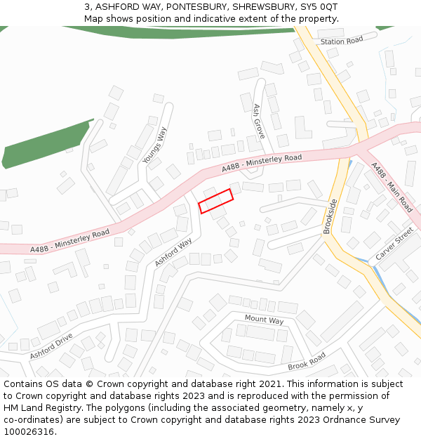 3, ASHFORD WAY, PONTESBURY, SHREWSBURY, SY5 0QT: Location map and indicative extent of plot