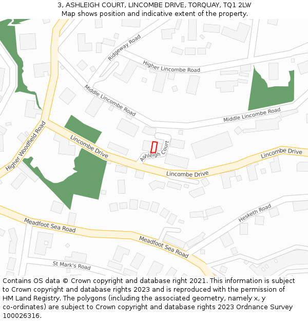 3, ASHLEIGH COURT, LINCOMBE DRIVE, TORQUAY, TQ1 2LW: Location map and indicative extent of plot