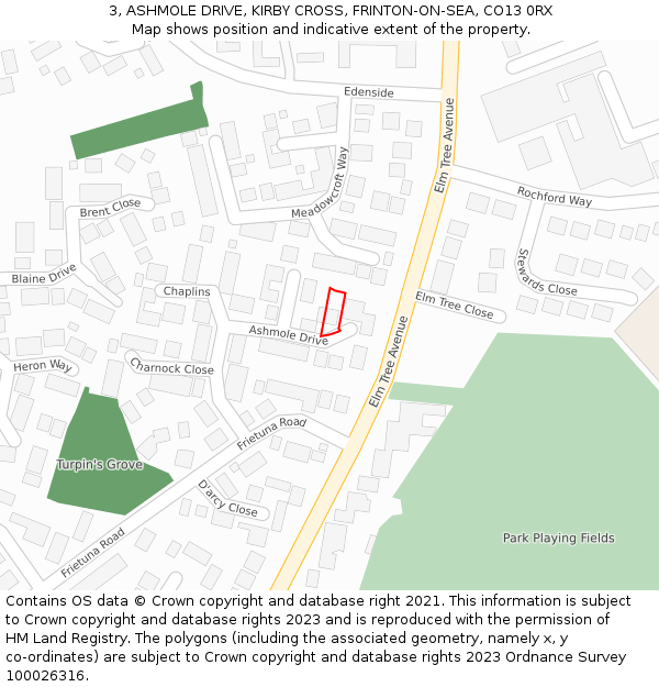 3, ASHMOLE DRIVE, KIRBY CROSS, FRINTON-ON-SEA, CO13 0RX: Location map and indicative extent of plot