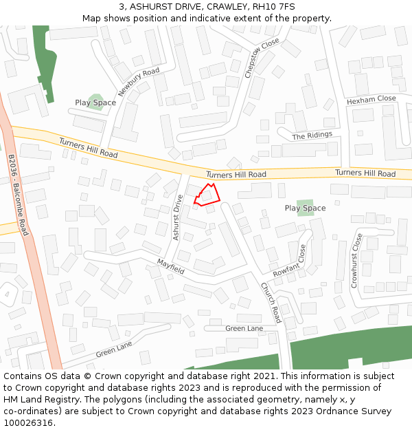 3, ASHURST DRIVE, CRAWLEY, RH10 7FS: Location map and indicative extent of plot