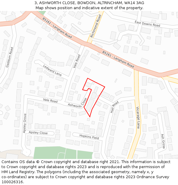 3, ASHWORTH CLOSE, BOWDON, ALTRINCHAM, WA14 3AG: Location map and indicative extent of plot