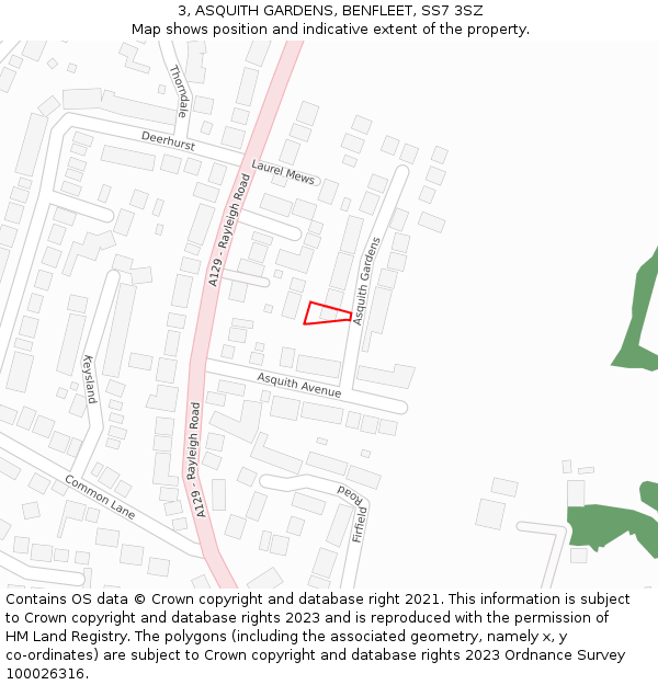 3, ASQUITH GARDENS, BENFLEET, SS7 3SZ: Location map and indicative extent of plot