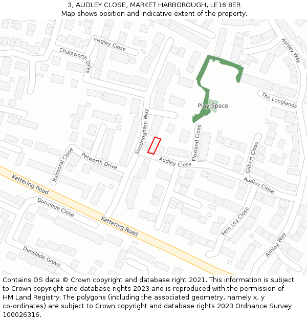 3, AUDLEY CLOSE, MARKET HARBOROUGH, LE16 8ER: Location map and indicative extent of plot