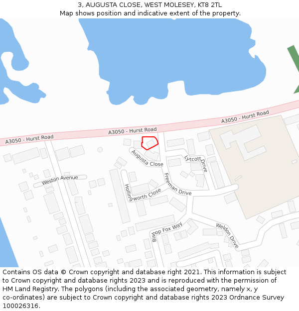 3, AUGUSTA CLOSE, WEST MOLESEY, KT8 2TL: Location map and indicative extent of plot