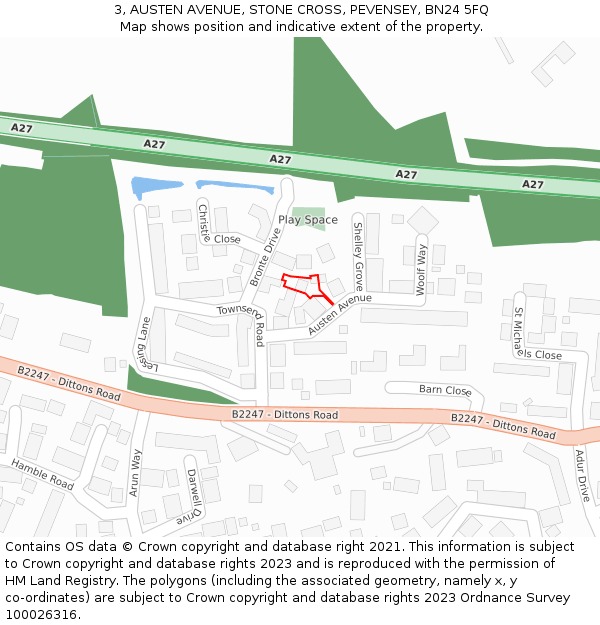 3, AUSTEN AVENUE, STONE CROSS, PEVENSEY, BN24 5FQ: Location map and indicative extent of plot