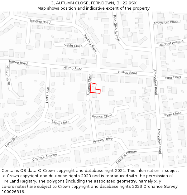 3, AUTUMN CLOSE, FERNDOWN, BH22 9SX: Location map and indicative extent of plot