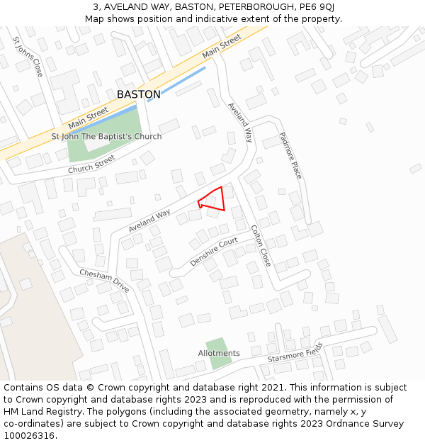 3, AVELAND WAY, BASTON, PETERBOROUGH, PE6 9QJ: Location map and indicative extent of plot