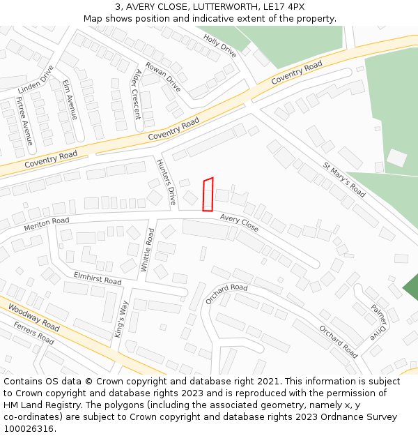 3, AVERY CLOSE, LUTTERWORTH, LE17 4PX: Location map and indicative extent of plot