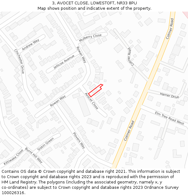 3, AVOCET CLOSE, LOWESTOFT, NR33 8PU: Location map and indicative extent of plot