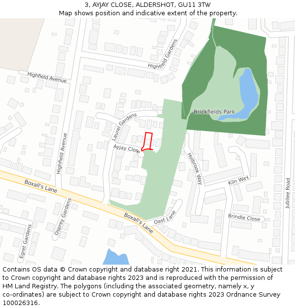 3, AYJAY CLOSE, ALDERSHOT, GU11 3TW: Location map and indicative extent of plot