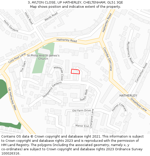 3, AYLTON CLOSE, UP HATHERLEY, CHELTENHAM, GL51 3QE: Location map and indicative extent of plot