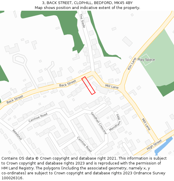 3, BACK STREET, CLOPHILL, BEDFORD, MK45 4BY: Location map and indicative extent of plot