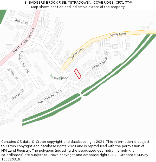 3, BADGERS BROOK RISE, YSTRADOWEN, COWBRIDGE, CF71 7TW: Location map and indicative extent of plot