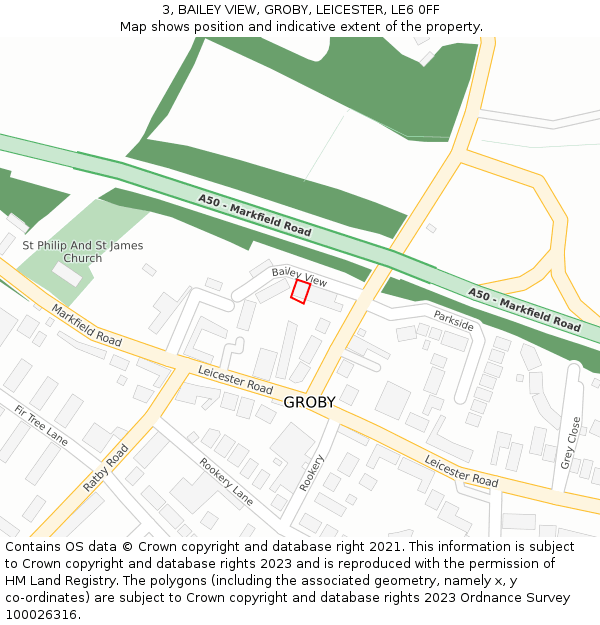 3, BAILEY VIEW, GROBY, LEICESTER, LE6 0FF: Location map and indicative extent of plot