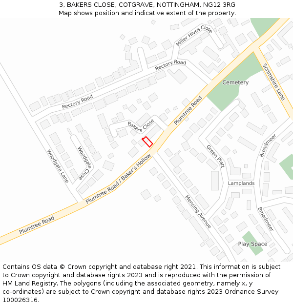 3, BAKERS CLOSE, COTGRAVE, NOTTINGHAM, NG12 3RG: Location map and indicative extent of plot